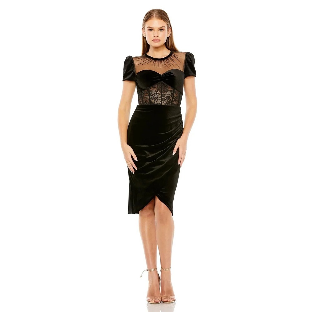 Mac Duggal 20742 Black Velvet Lace Mesh Corset Midi Cocktail Dress Womens